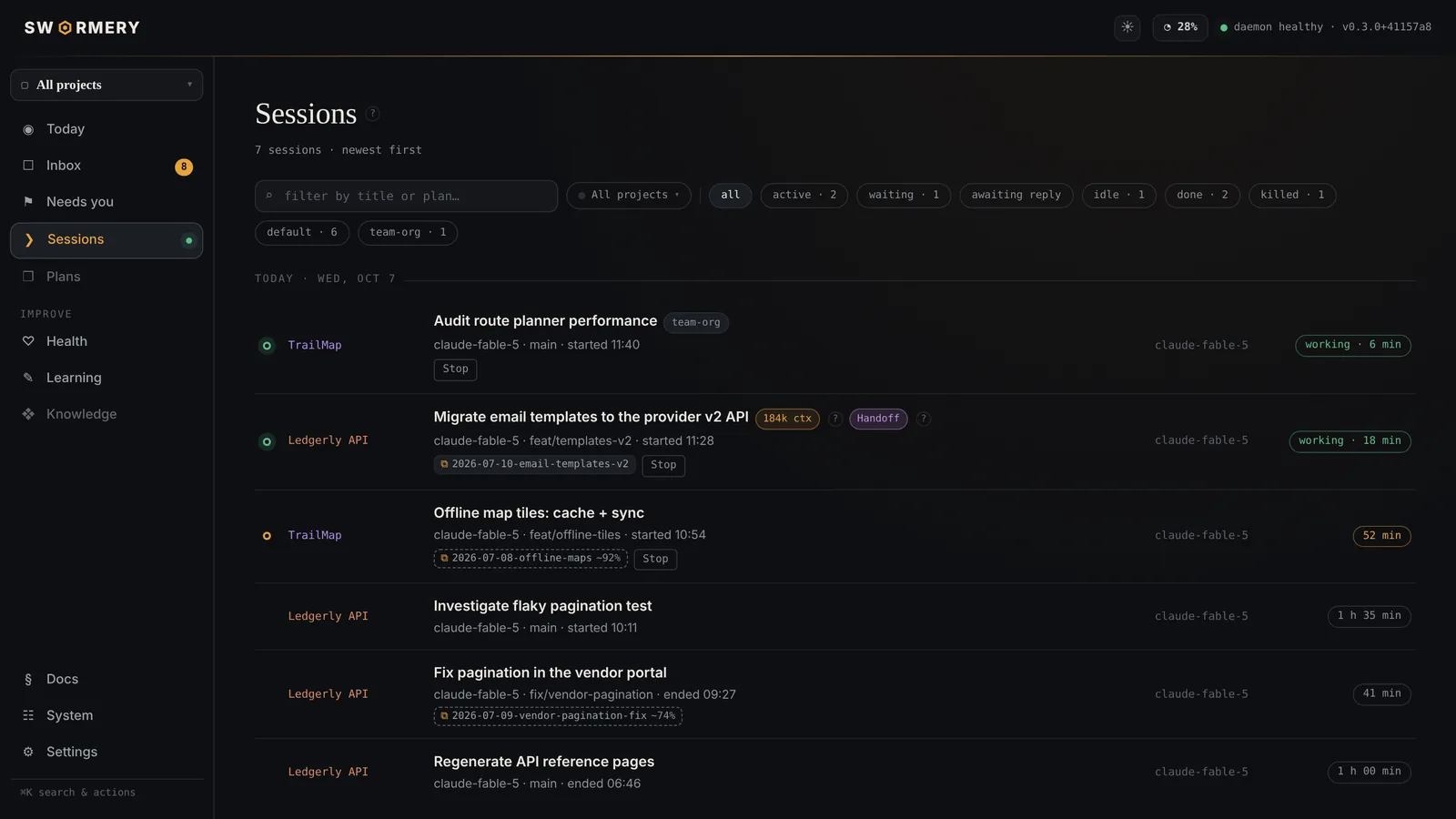 Every Claude Code session across projects, with status, branch and plan progress