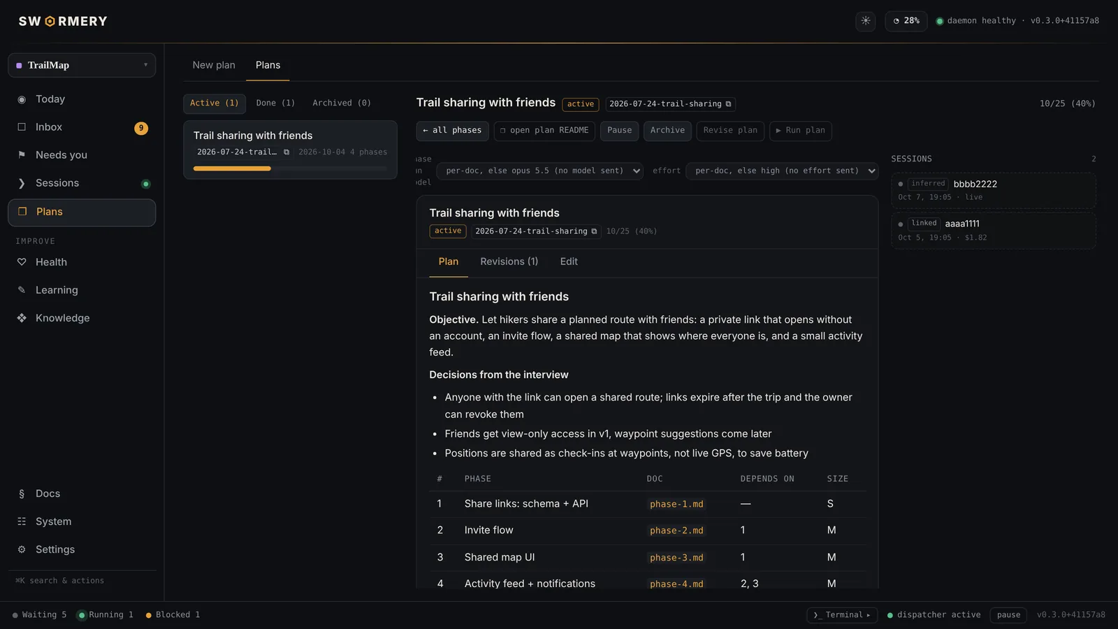 The plan lands as docs: goal, decisions from the interview, phases and dependencies