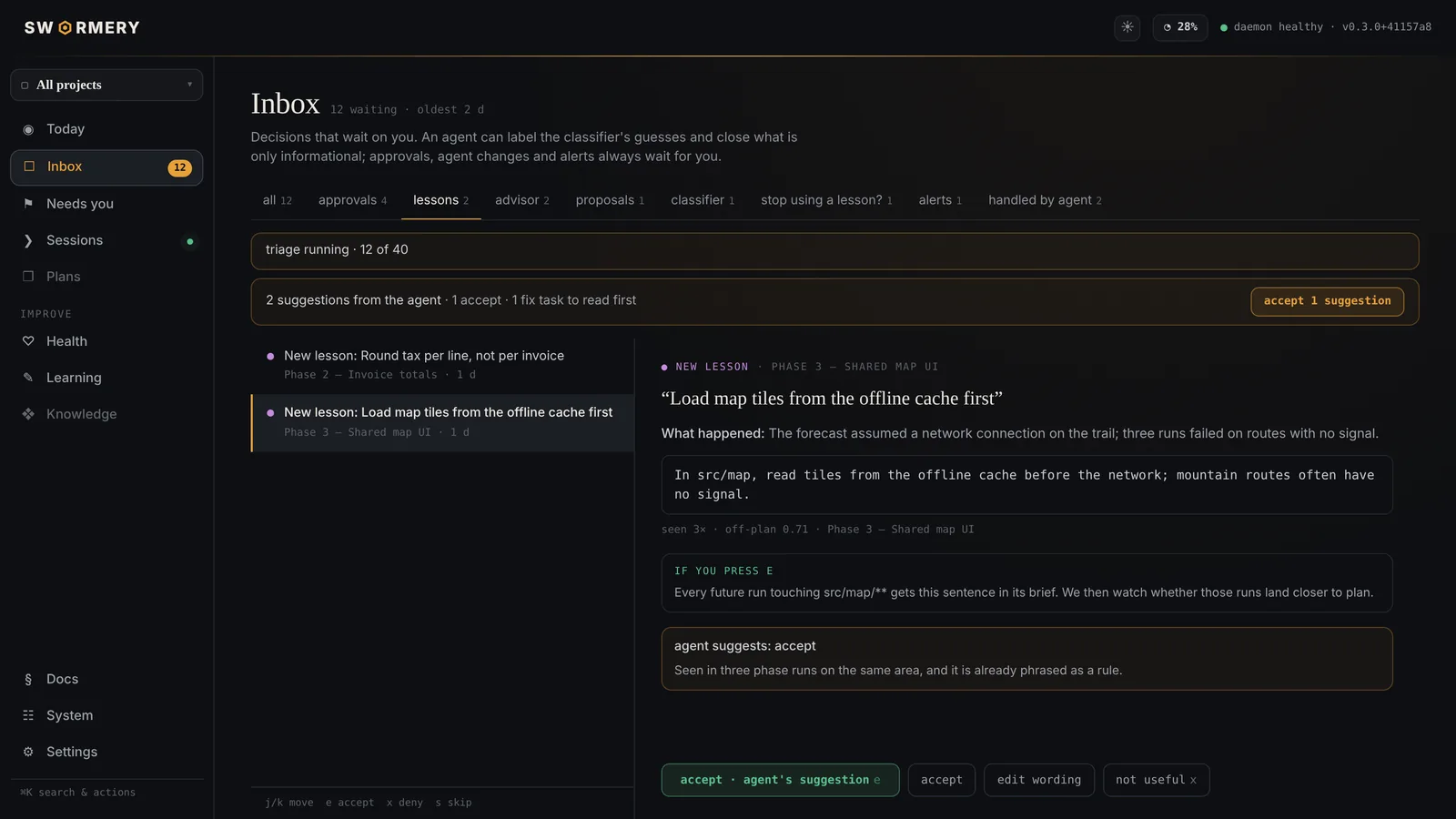 A lesson drafted from a run that went off plan, with the agent's suggestion