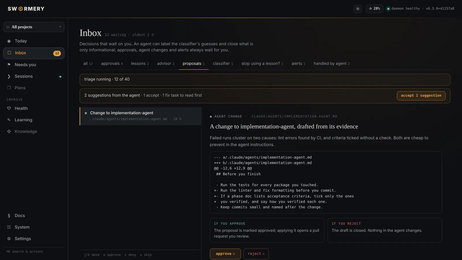 An agent rewrite drafted from its failed runs, as a diff to approve