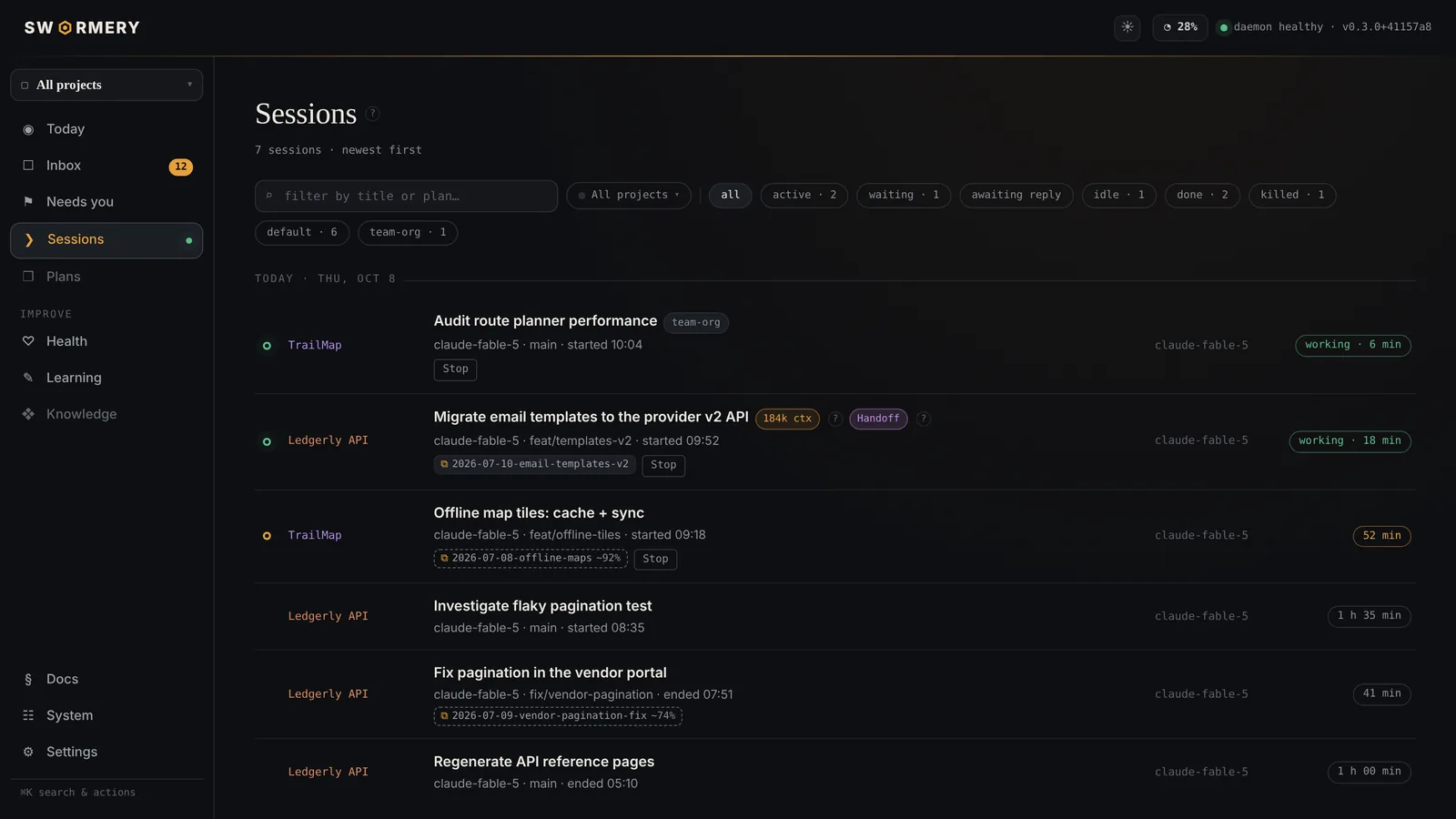 All sessions, filtered by status and account