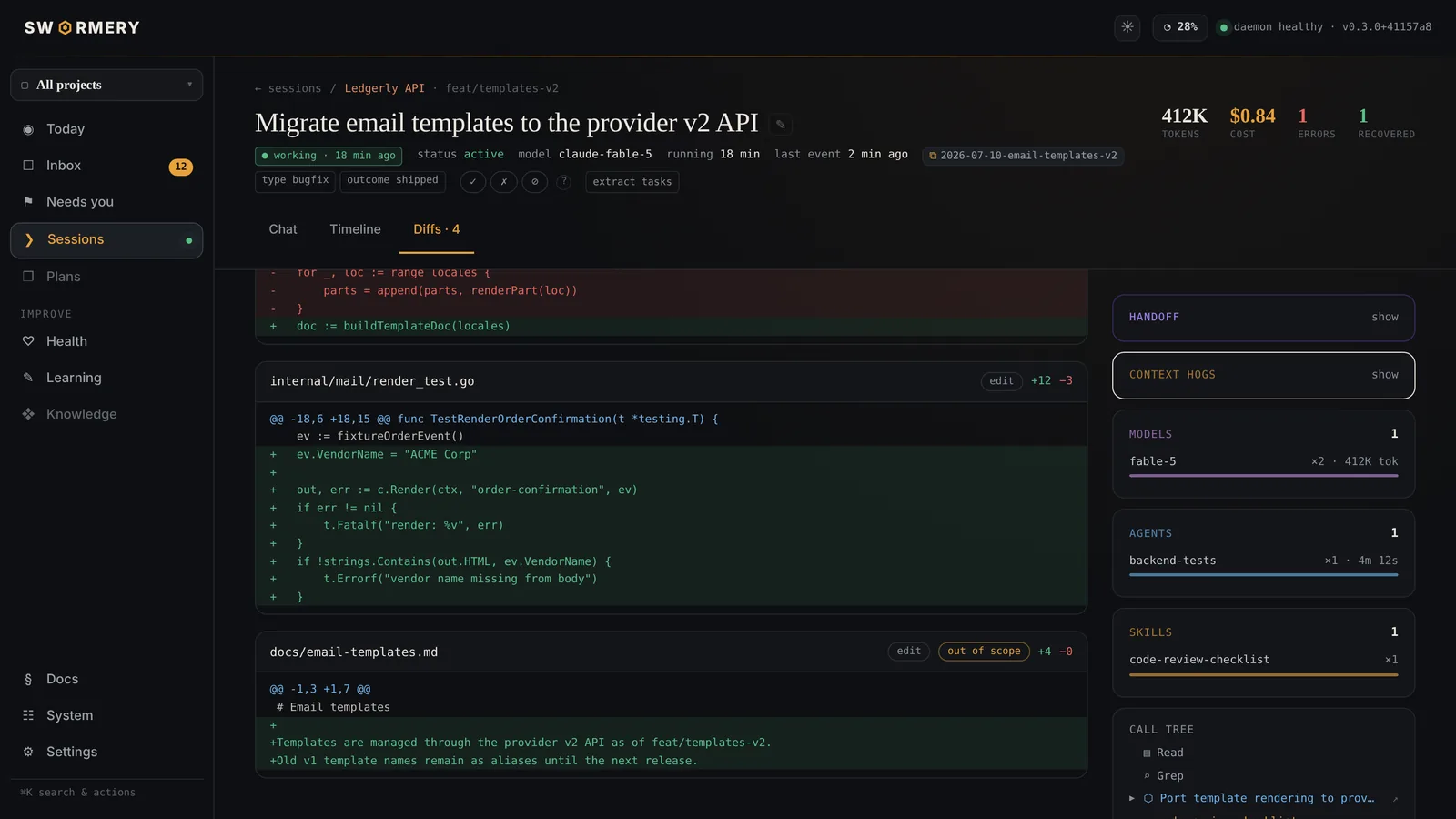 Diffs: every file changed, changes outside the plan flagged