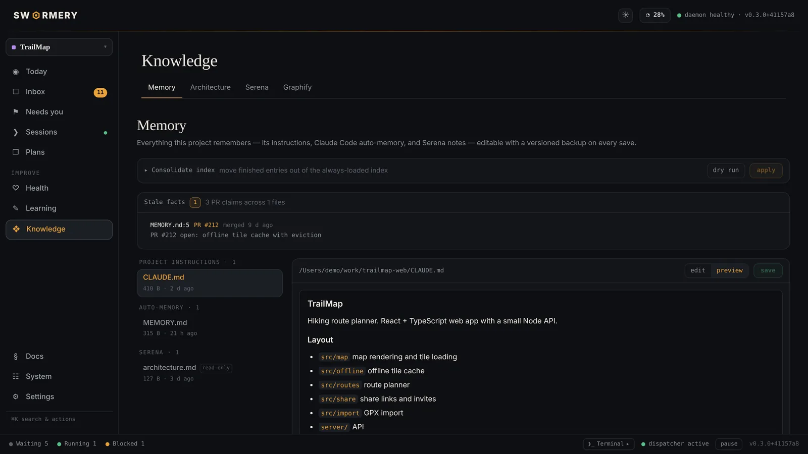 Memory: project instructions, auto-memory and Serena notes in one editor